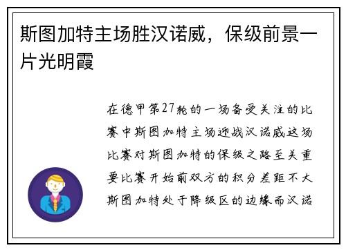 斯图加特主场胜汉诺威，保级前景一片光明霞